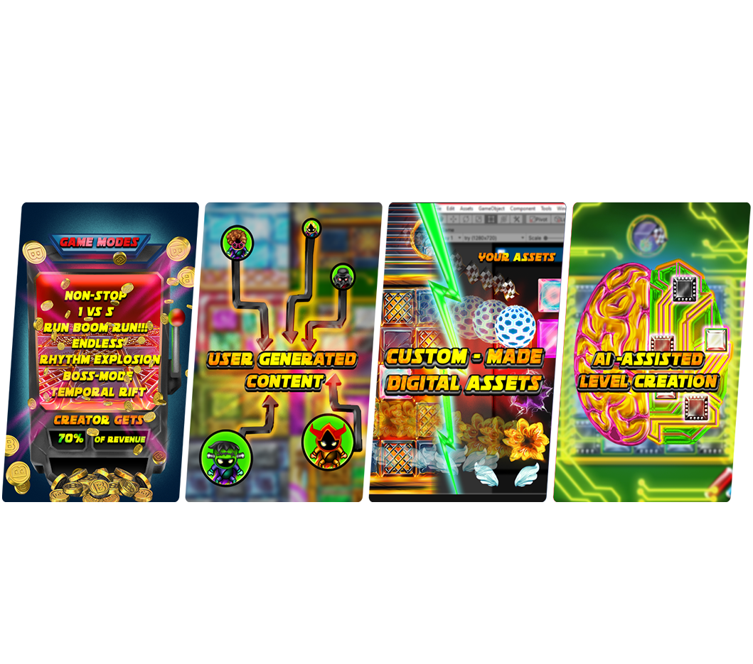 BOOM Bound creator vision showing new modes, user-generated content, custom digital assets, AI-assisted level creation, and a 70 percent creator revenue share